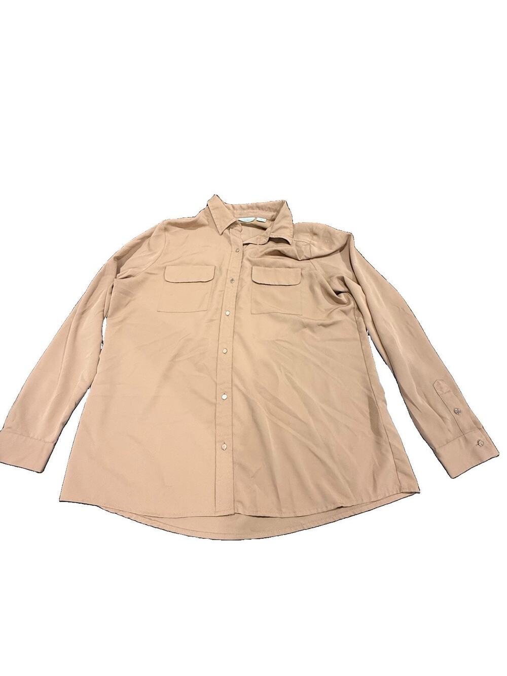 Liz Claiborne Womens L Tan Button Front Blouse Long Sleeve Utility Shirt